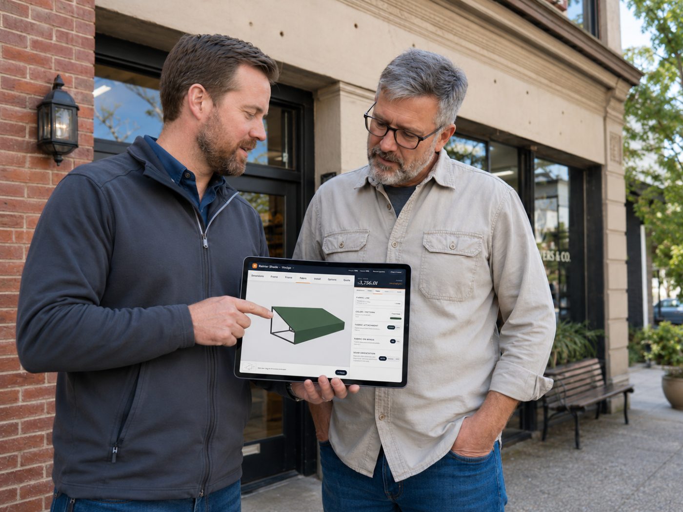 A sales rep configuring a wedge awning on ShadeCPQ in front of a storefront owner