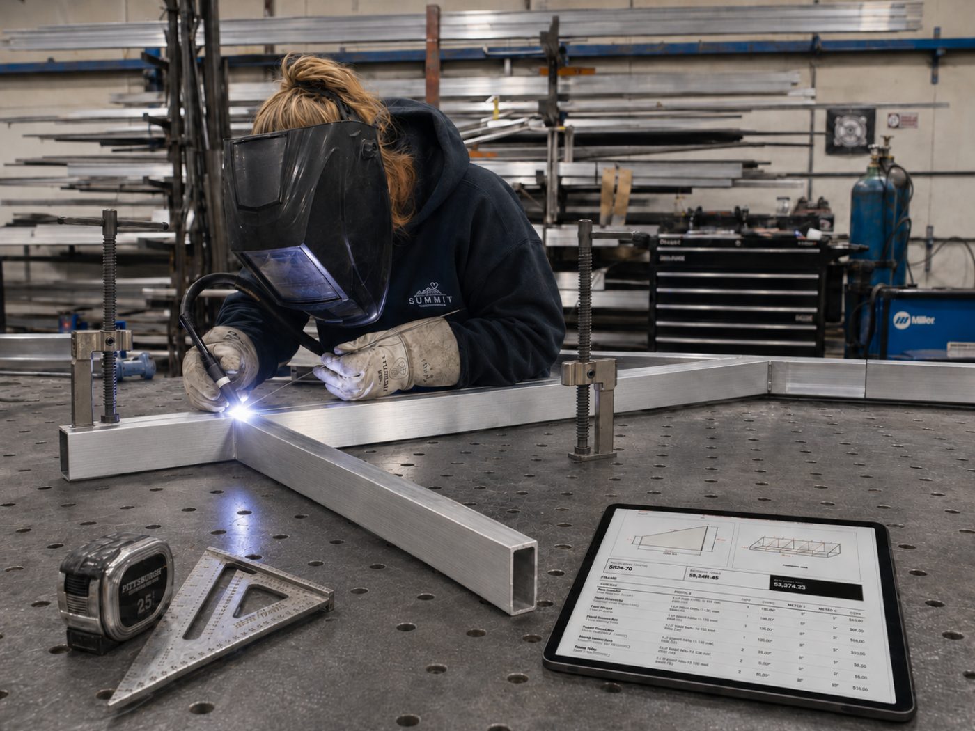 A shop welder building a wedge awning frame from a ShadeCPQ cut list