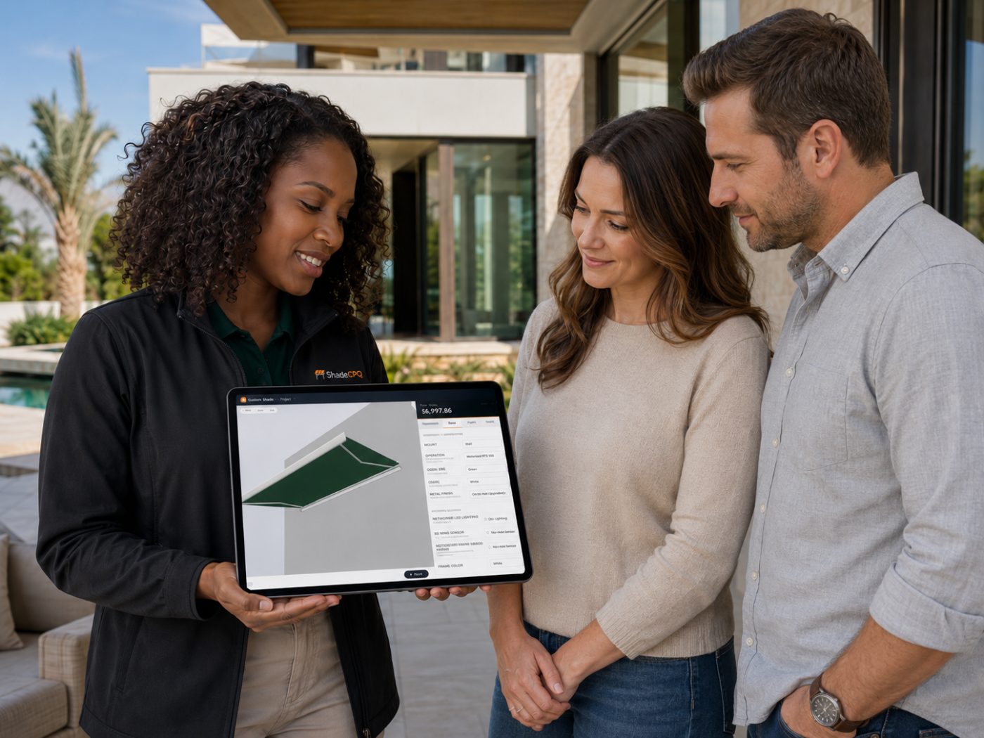 A couple reviewing a retractable awning in 3D with a ShadeCPQ sales rep at home